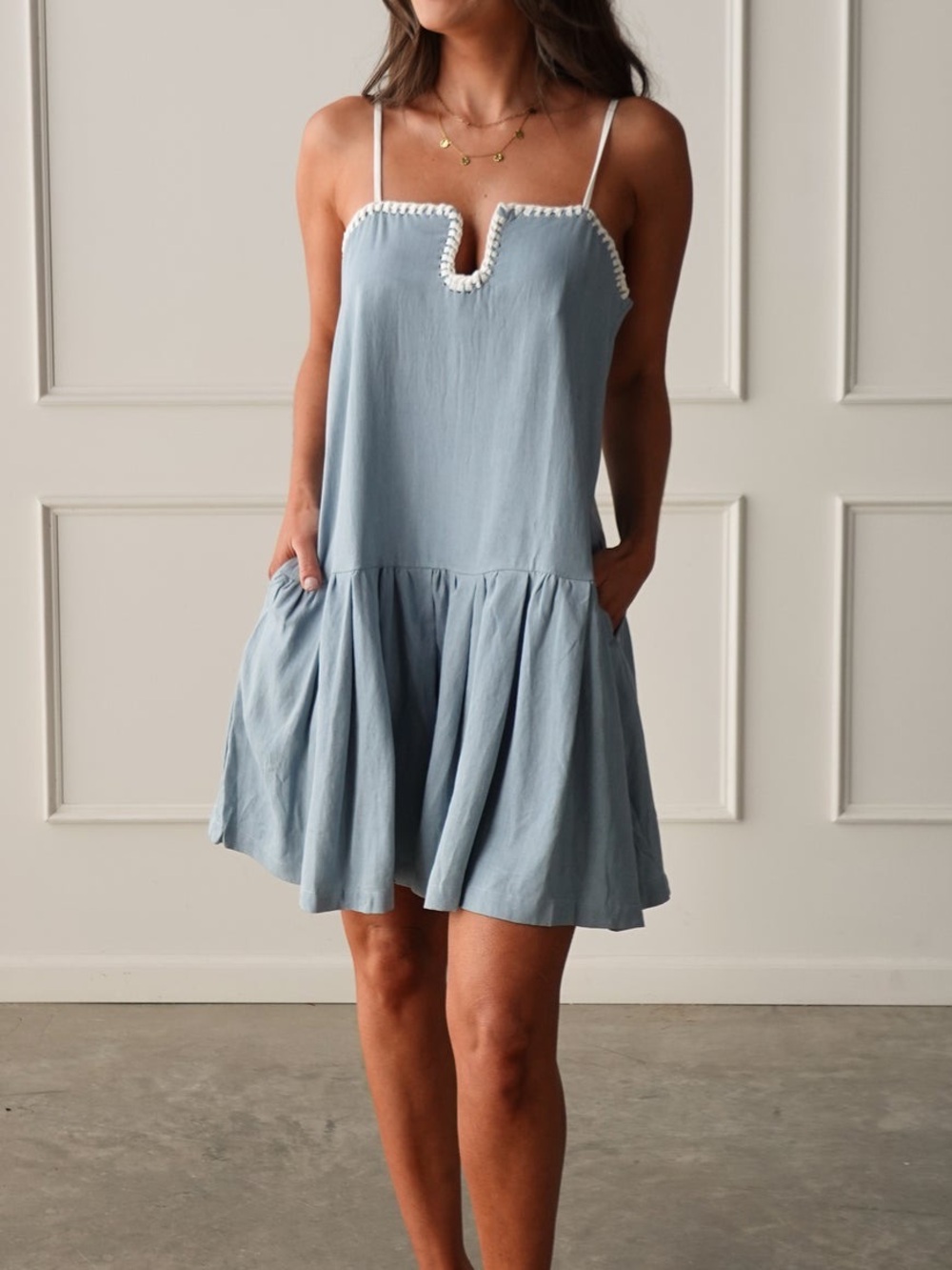 NWT TCEC Spaghetti Strap Swing Dress with white stitching